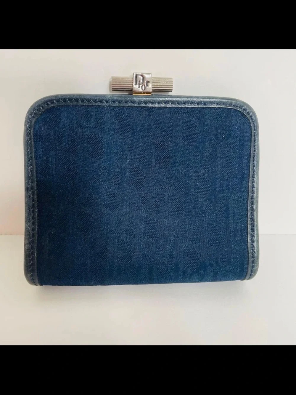 Dior Blue Monogram Frame Wallet with Gold-Tone Clasp
